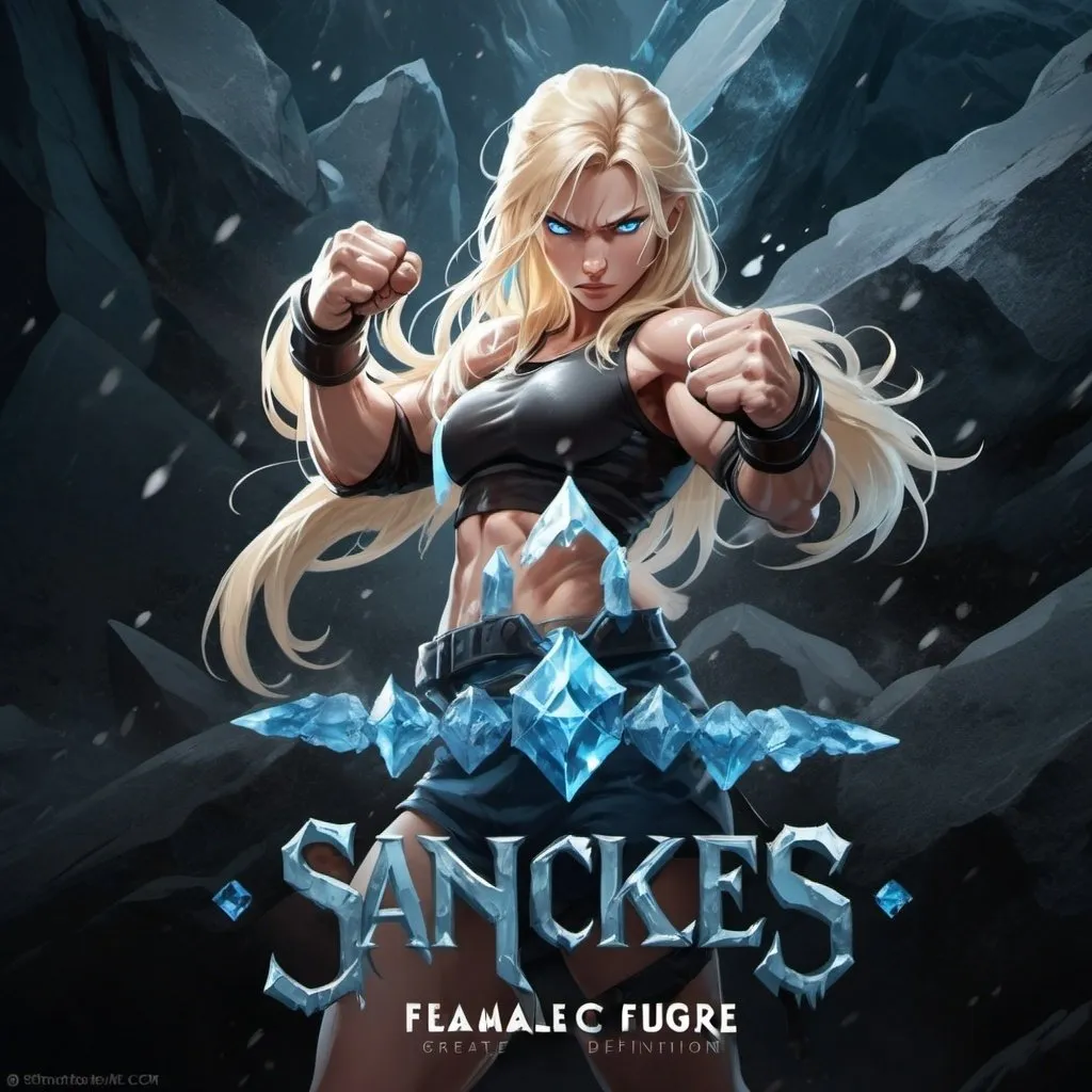 Prompt: Female figure. Greater bicep definition. Sharper, clearer blue eyes. Nosebleed. Long Blonde hair flapping. Frostier, glacier effects. Fierce combat stance. Raging Fists. Icy Knuckles. 