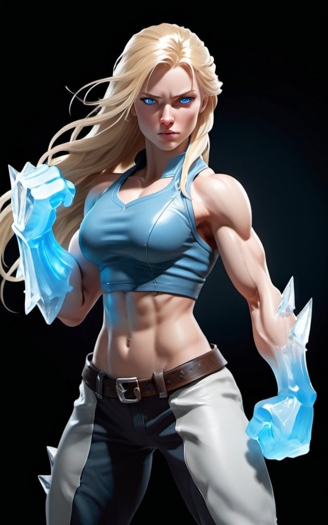 Prompt: Female figure. Greater bicep definition. Sharper, clearer blue eyes. Long Blonde hair flapping. Frostier, glacier effects. Fierce combat stance. Icy Knuckles. 