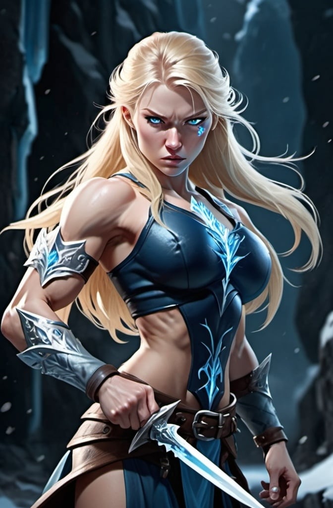 Prompt: Female figure. Greater bicep definition. Sharper, clearer blue eyes. Nosebleed. Long Blonde hair flapping. Frostier, glacier effects. Fierce combat stance. Ice Daggers.