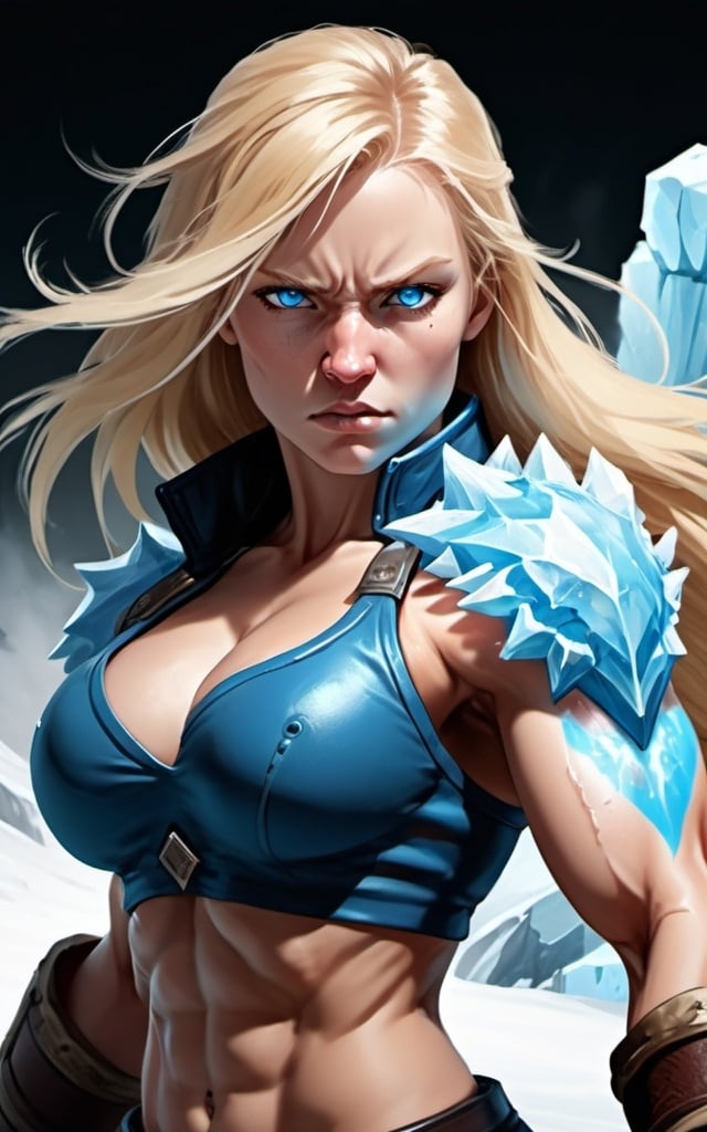 Prompt: Female figure. Greater bicep definition. Sharper, clearer blue eyes. Nosebleed. Long Blonde hair flapping. Frostier, glacier effects. Fierce combat stance. Raging Fists. Icy Knuckles. 