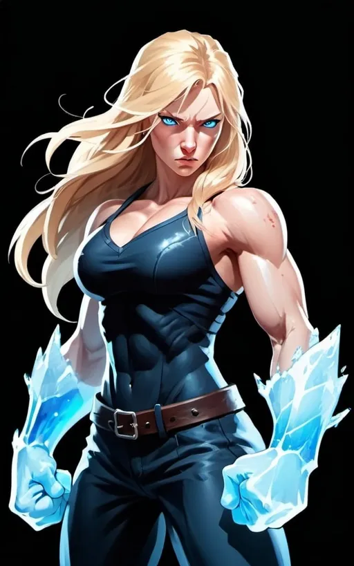 Prompt: Female figure. Greater bicep definition. Sharper, clearer blue eyes. Nosebleed. Long Blonde hair flapping. Frostier, glacier effects. Fierce combat stance. Raging Fists. Icy Knuckles.