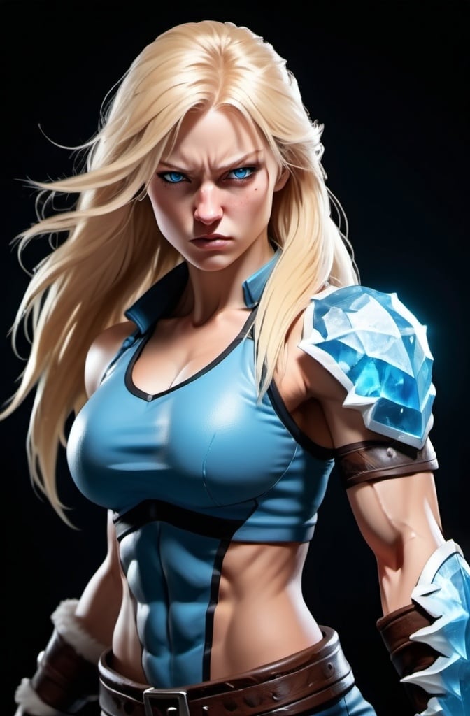 Prompt: Female figure. Greater bicep definition. Sharper, clearer blue eyes. Nosebleed. Long Blonde hair flapping. Frostier, glacier effects. Fierce combat stance. Raging Fists. Icy Knuckles.