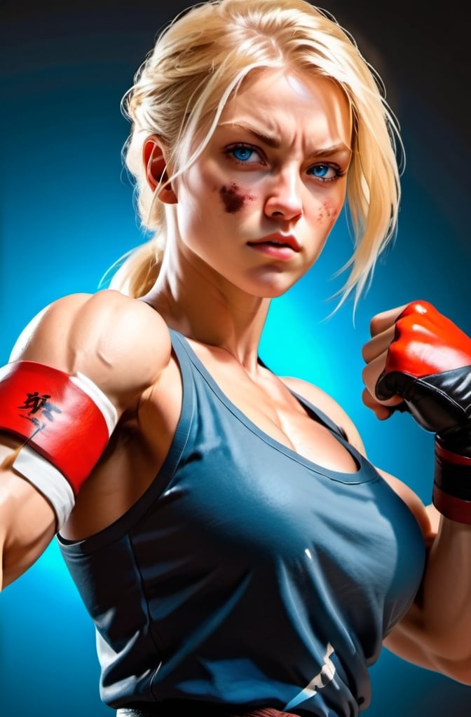 Prompt: Female figure. Greater bicep definition. Sharper, clearer blue eyes. Blonde hair flapping. Frostier, glacier effects. Fierce combat stance. Martial artist. 