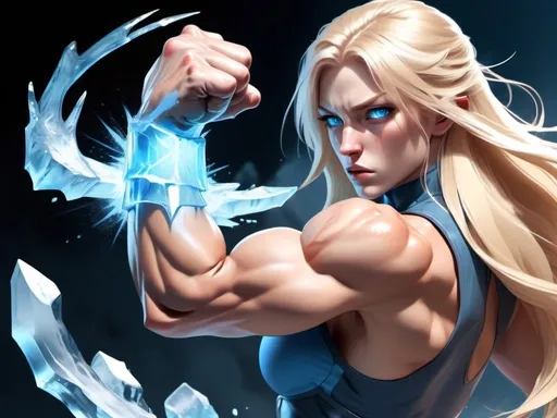 Prompt: Female figure. Greater bicep definition. Sharper, clearer blue eyes. Nosebleed. Long Blonde hair flapping. Frostier, glacier effects. Fierce combat stance. Raging Fists. Icy Knuckles.