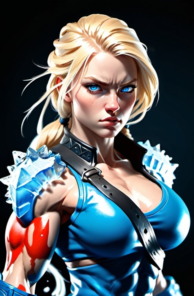 Prompt: Female figure. Greater bicep definition. Sharper, clearer blue eyes. Long Blonde hair flapping. Frostier, glacier effects. Fierce combat stance. Ice Fists.