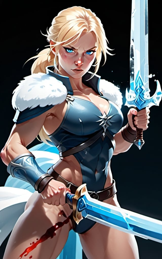 Prompt:  Female figure. Greater bicep definition. Sharper, clearer blue eyes. Blonde hair flapping. Nosebleed. Frostier, glacier effects. Fierce combat stance. Holding an Ice sword.