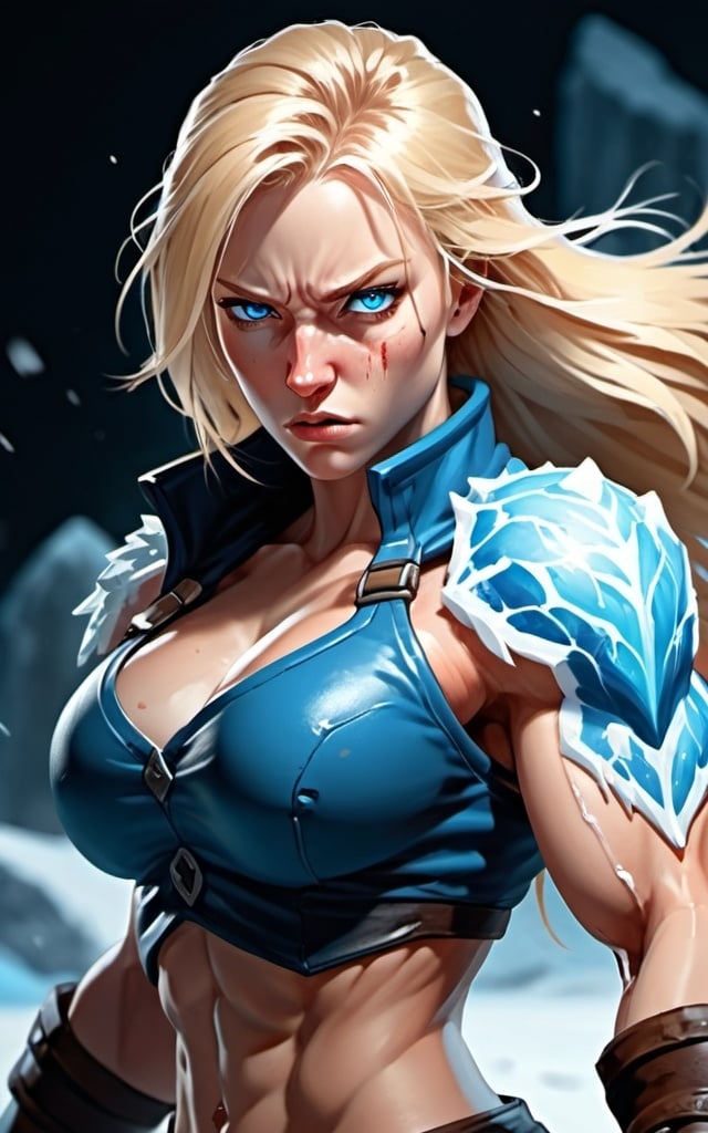 Prompt: Female figure. Greater bicep definition. Sharper, clearer blue eyes. Bleeding. Long Blonde hair flapping. Frostier, glacier effects. Fierce combat stance. Raging Fists. Icy Knuckles.