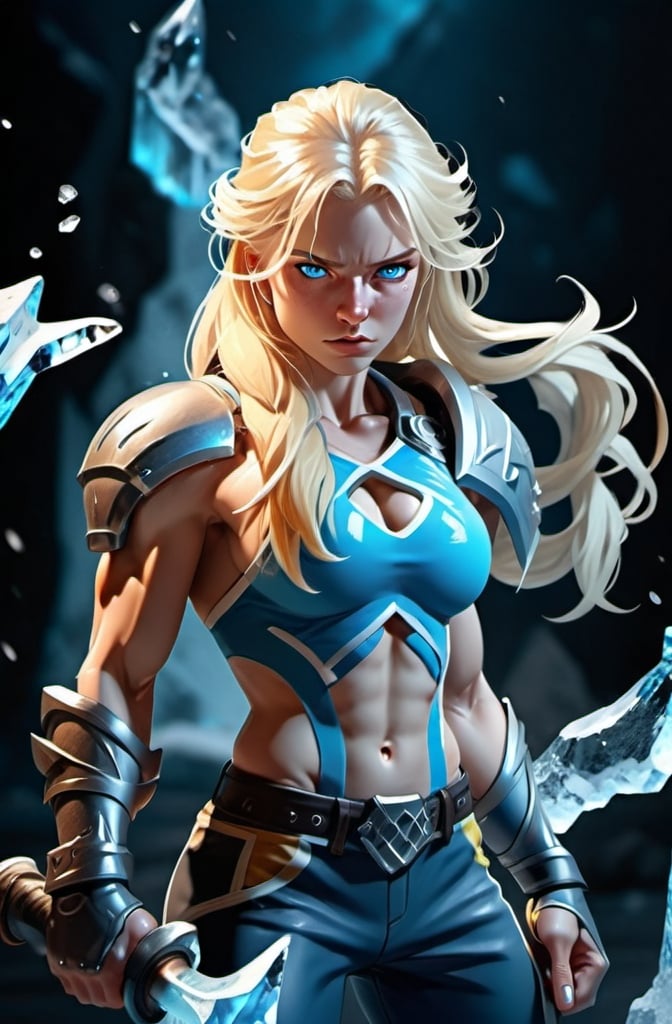 Prompt: Female figure. Greater bicep definition. Sharper, clearer blue eyes. Nosebleed. Long Blonde hair flapping. Frostier, glacier effects. Fierce combat stance. Icy Knuckles.