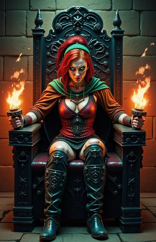 Prompt: @wbV7YKlXTFt2cBPb46HT A powerful female warrior with an evil expression sits regally on an ornate throne, her posture exuding dominance and authority. The throne, intricately carved with dark motifs, looms in a dimly lit chamber, where flickering torches cast dancing shadows across the stone walls. She wears a battle-worn armor adorned with spikes and dark embellishments, contrasting sharply with her flowing, tattered cape that drapes over the throne. Her piercing gaze is fixed forward, with narrowed eyes and a slight smirk hinting at her sinister intentions. The atmosphere is thick with tension, as swirling dust particles catch the torchlight, creating an ominous aura around her.