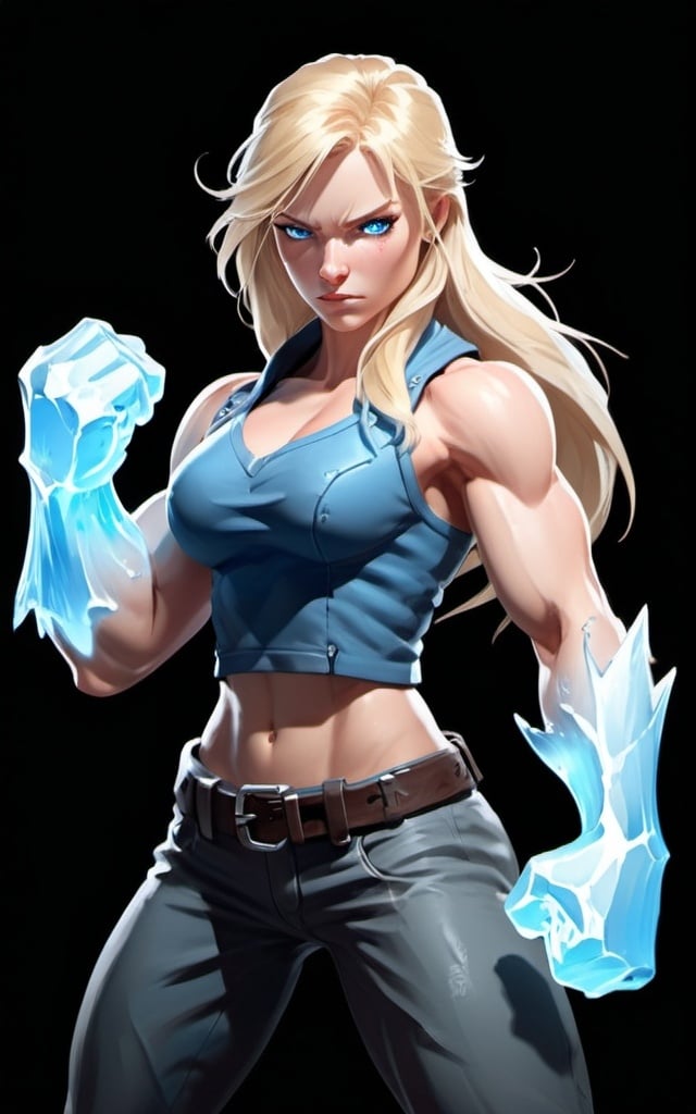 Prompt: Female figure. Greater bicep definition. Sharper, clearer blue eyes. Long Blonde hair flapping. Frostier, glacier effects. Fierce combat stance. Raging Fists. Icy Knuckles.