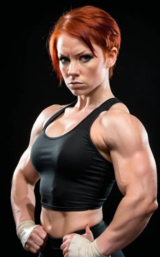 Prompt: Female figure. Young woman. Greater bicep definition. Short red hair. Pro Wrestler. Fierce combat stance.  