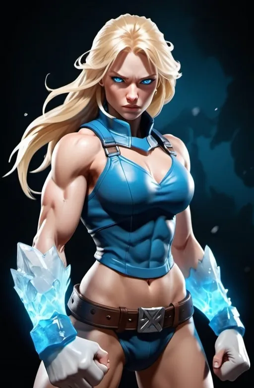 Prompt: Female figure. Greater bicep definition. Sharper, clearer blue eyes. Long Blonde hair flapping. Frostier, glacier effects. Fierce combat stance. Icy Knuckles. Raging Fists.