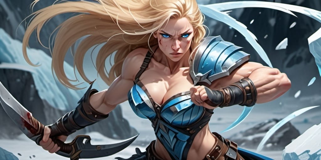 Prompt: Female figure. Greater bicep definition. Sharper, clearer blue eyes. Nosebleed. Long Blonde hair flapping. Frostier, glacier effects. Fierce combat stance. 