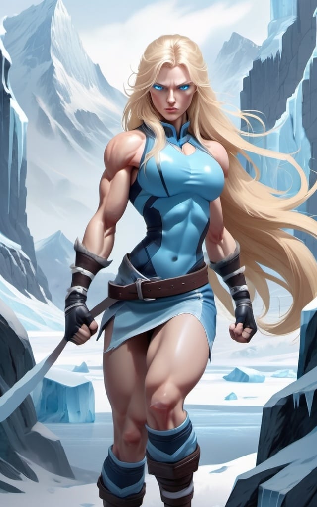 Prompt: Female figure. Greater bicep definition. Sharper, clearer blue eyes. Nosebleed. Long Blonde hair flapping. Frostier, glacier effects. Fierce combat stance. Raging Fists. Icy Knuckles.