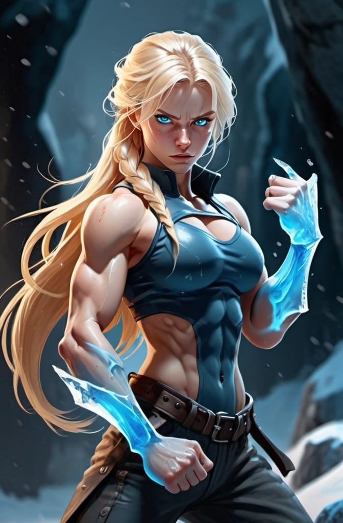 Prompt: Female figure. Greater bicep definition. Sharper, clearer blue eyes. Bleeding. Long Blonde hair flapping. Frostier, glacier effects. Fierce combat stance. Icy Knuckles.