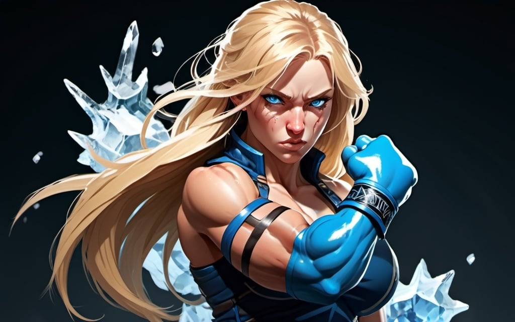 Prompt: Female figure. Greater bicep definition. Sharper, clearer blue eyes. Nosebleed. Long Blonde hair flapping. Frostier, glacier effects. Fierce combat stance. Raging Fists. Icy Knuckles. 