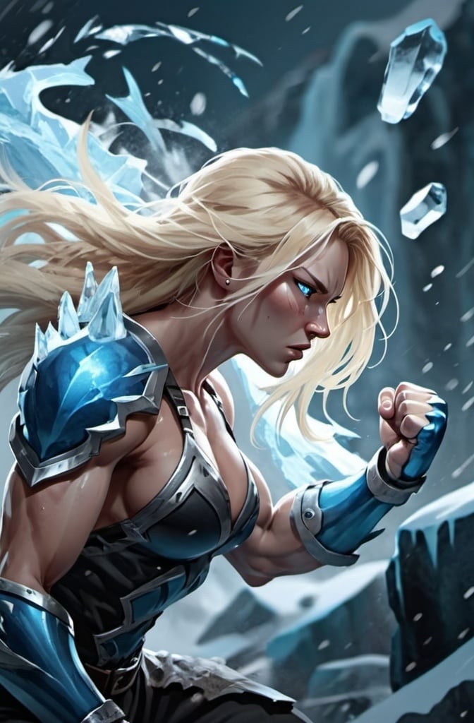 Prompt: Female figure. Greater bicep definition. Sharper, clearer blue eyes. Nosebleed. Long Blonde hair flapping. Frostier, glacier effects. Fierce combat stance. Raging Fists. Icy Knuckles. 