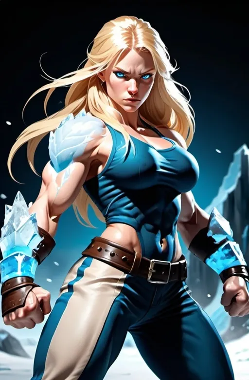 Prompt: Female figure. Greater bicep definition. Sharper, clearer blue eyes. Long Blonde hair flapping. Frostier, glacier effects. Fierce combat stance. Icy Knuckles. Raging Fists.