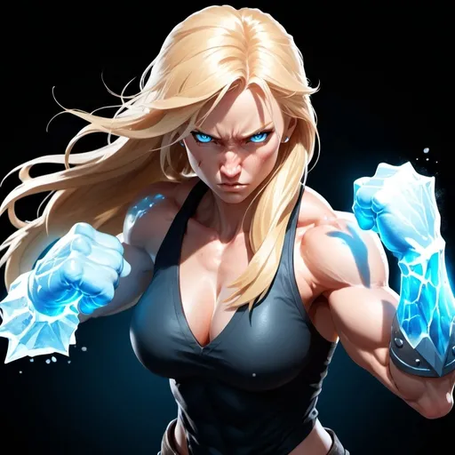 Prompt: Female figure. Greater bicep definition. Sharper, clearer blue eyes. Nosebleed. Long Blonde hair flapping. Frostier, glacier effects. Fierce combat stance. Raging Fists. Icy Knuckles. 