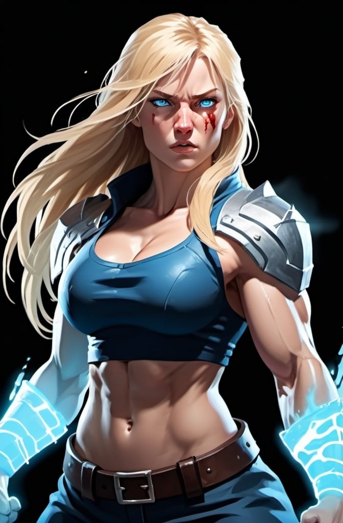 Prompt: Female figure. Greater bicep definition. Sharper, clearer blue eyes. Nosebleed. Long Blonde hair flapping. Frostier, glacier effects. Fierce combat stance. Raging Fists. 