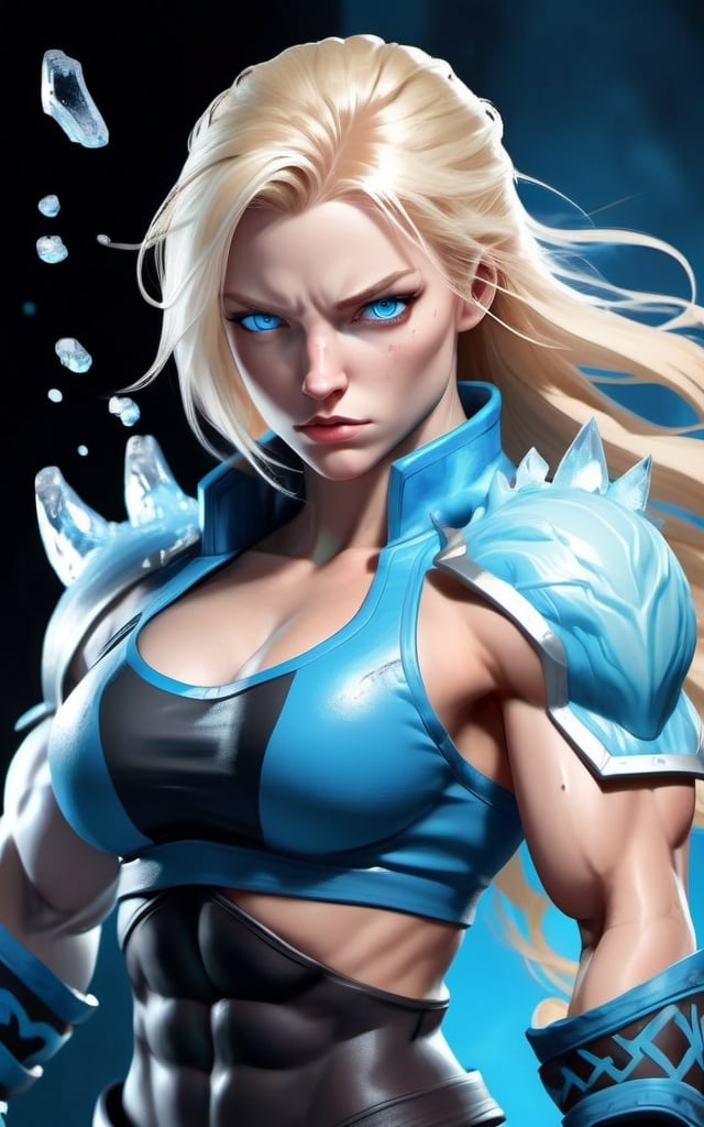 Prompt: Female figure. Greater bicep definition. Sharper, clearer blue eyes. Nosebleed. Long Blonde hair flapping. Frostier, glacier effects. Fierce combat stance. Raging Fists. Icy Knuckles.