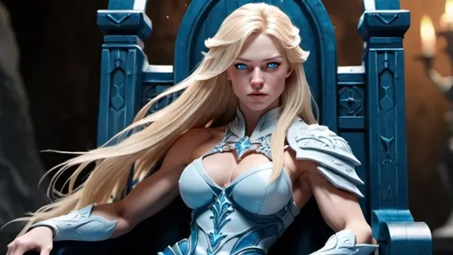 Prompt: Female figure. Greater bicep definition. Sharper, clearer blue eyes. Long Blonde hair flapping. Frostier, glacier effects. Fierce combat stance. Sitting on a throne. Resting her cheek on her hand.