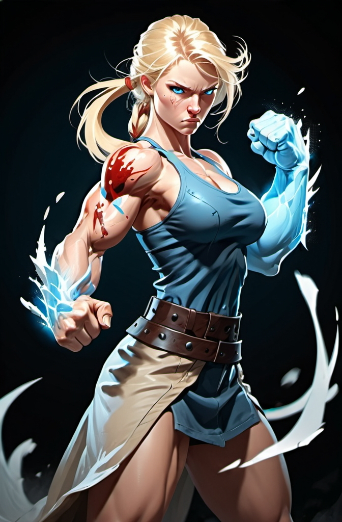 Prompt: Female figure. Greater bicep definition. Sharper, clearer blue eyes. Nosebleed. Long Blonde hair flapping. Frostier, glacier effects. Fierce combat stance. Raging Fists.