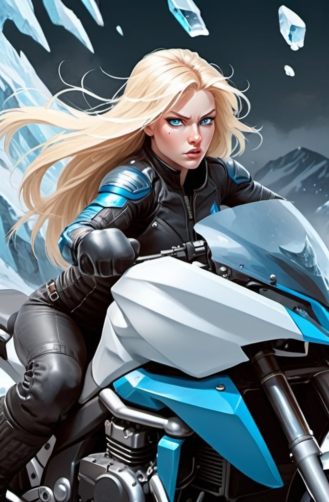 Prompt: Female figure. Greater bicep definition. Sharper, clearer blue eyes. Nosebleed. Long Blonde hair flapping. Frostier, glacier effects. Fierce combat stance. Icy Knuckles. Riding Motorcycle. 