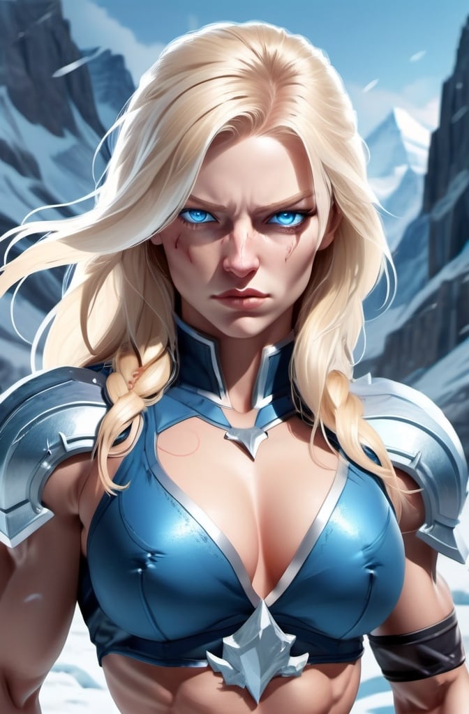 Prompt: Female figure. Greater bicep definition. Sharper, clearer blue eyes. Nosebleed. Long Blonde hair flapping. Frostier, glacier effects. Fierce combat stance. Raging Fists. Icy Knuckles.