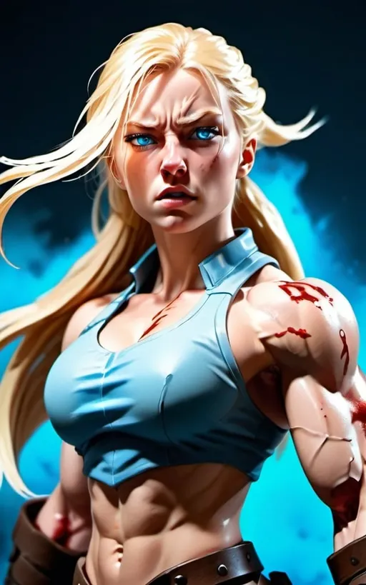 Prompt: Female figure. Greater bicep definition. Sharper, clearer blue eyes. Nosebleed. Long Blonde hair flapping. Frostier, glacier effects. Fierce combat stance. Enraged. 