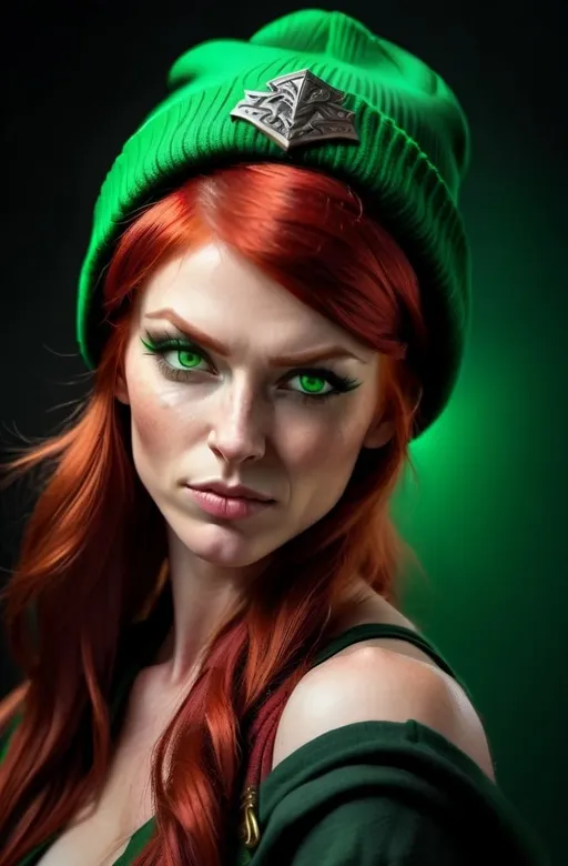 Prompt:  Evil red-haired warrior woman, wearing a green beanie and a mischievous smirk. Green eyes. Fierce combat stance. She is sitting on a Throne. 