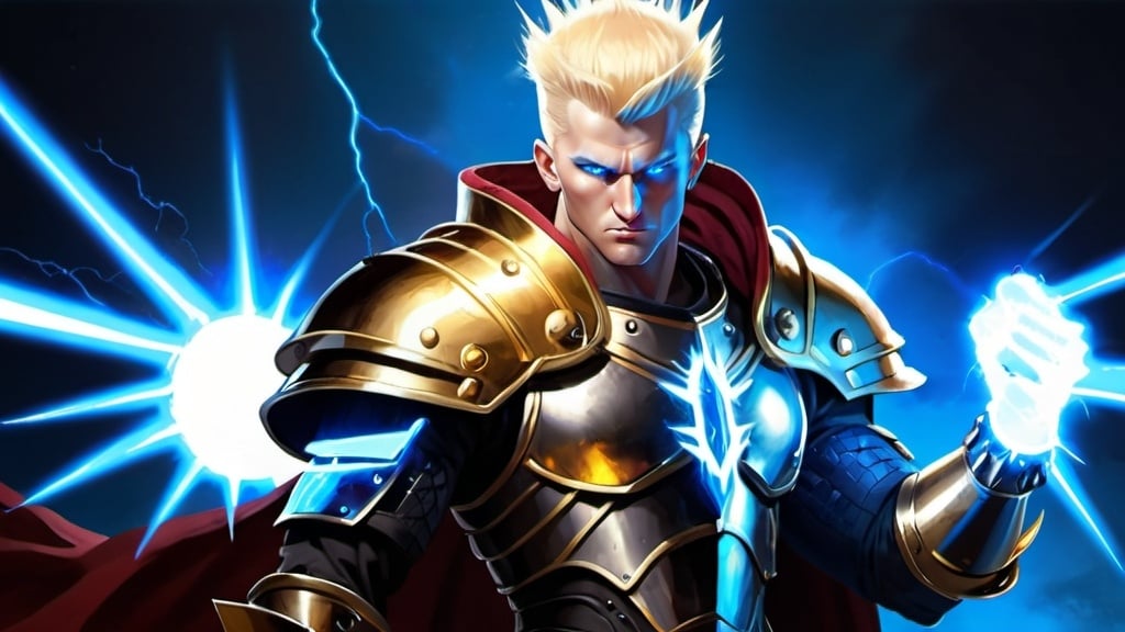 Prompt: Male Figure. Strong. Spikey Blonde hair. Clean shaven. Blue eyes. Emperor. Wearing a warrior Gauntlet. Electricity claws. Lighting background. Leading an Army.  