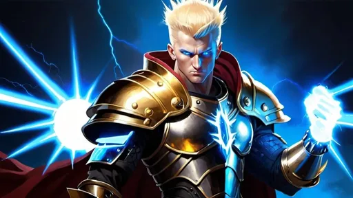 Prompt: Male Figure. Strong. Spikey Blonde hair. Clean shaven. Blue eyes. Emperor. Wearing a warrior Gauntlet. Electricity claws. Lighting background. Leading an Army.  