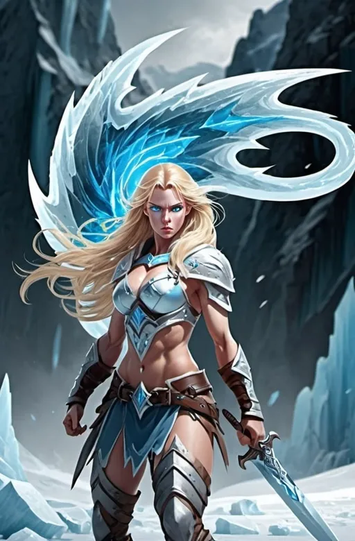 Prompt:  Female figure. Greater bicep definition. Sharper, clearer blue eyes. Nosebleed. Long Blonde hair flapping. Frostier, glacier effects. Fierce combat stance. Ice Daggers. 