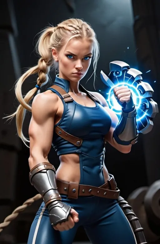 Prompt: Female figure. Greater bicep definition. Dark Blue eyes. Blonde braided ponytail. Fierce combat stance. Raging Gravity-powered Gauntlets. 
