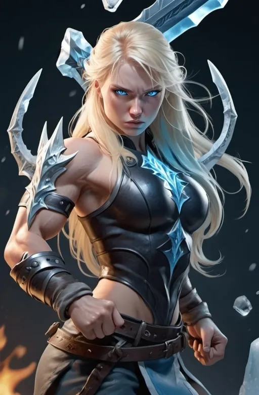 Prompt: Female figure. Greater bicep definition. Sharper, clearer blue eyes. Nosebleed. Long Blonde hair flapping. Frostier, glacier effects. Fierce combat stance. Ice Daggers.