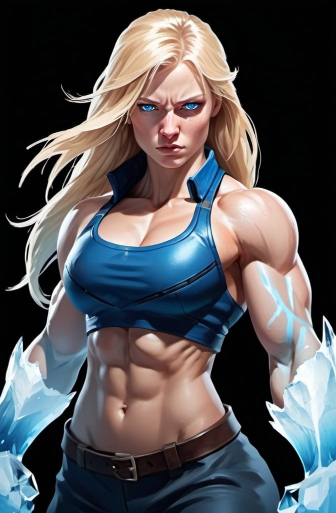 Prompt: Female figure. Greater bicep definition. Sharper, clearer blue eyes. Nosebleed. Long Blonde hair flapping. Frostier, glacier effects. Fierce combat stance. Icy Knuckles. 