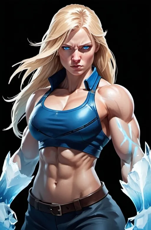 Prompt: Female figure. Greater bicep definition. Sharper, clearer blue eyes. Nosebleed. Long Blonde hair flapping. Frostier, glacier effects. Fierce combat stance. Icy Knuckles. 