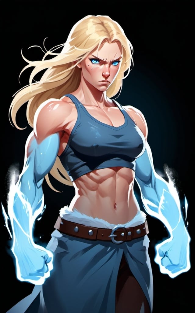 Prompt: Female figure. Greater bicep definition. Sharper, clearer blue eyes. Nosebleed. Long Blonde hair flapping. Frostier, glacier effects. Fierce combat stance. Raging Fists.