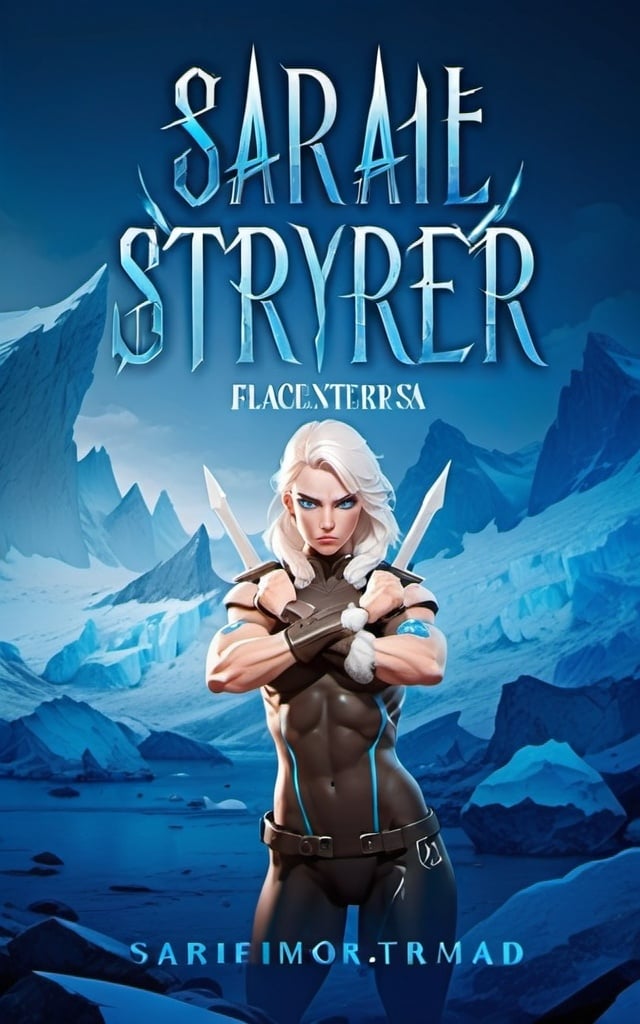 Prompt: Female figure. Greater bicep definition. Sharper, clearer blue eyes.  Frostier, glacier effects. Fierce combat stance. 