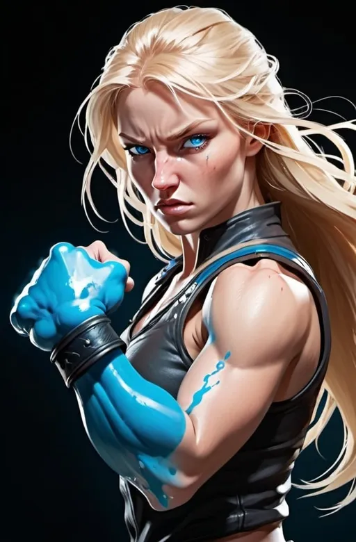 Prompt: Female figure. Greater bicep definition. Sharper, clearer blue eyes. Bleeding. Long Blonde hair flapping. Frostier, glacier effects. Fierce combat stance. Raging Fists. Icy Knuckles.