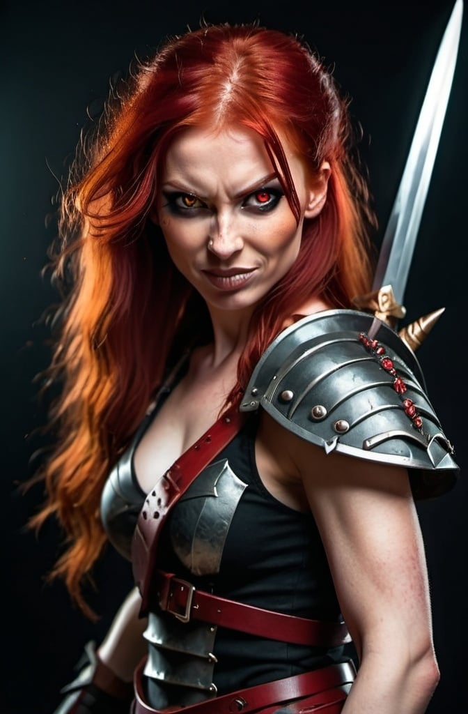 Prompt: Evil red-haired warrior woman with a mischievous grin. Carmine, red eyes. Fierce combat stance.