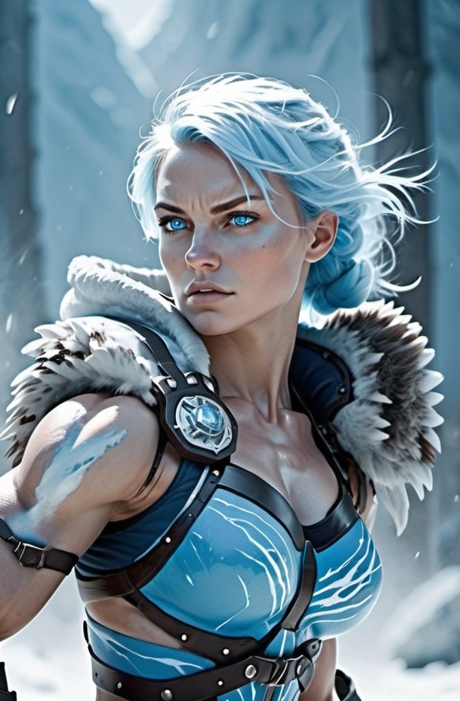 Prompt: Female figure. Greater bicep definition. Sharper, clearer blue eyes.  Frostier, glacier effects. Fierce combat stance. Engulfed by white mist. 