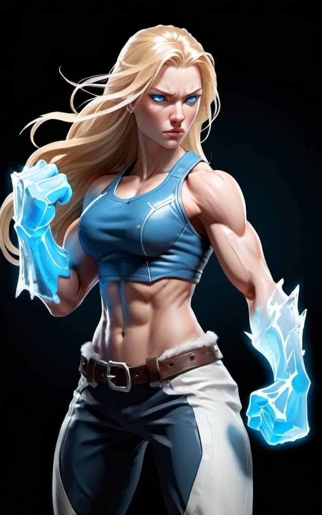 Prompt: Female figure. Greater bicep definition. Sharper, clearer blue eyes. Long Blonde hair flapping. Frostier, glacier effects. Fierce combat stance. Raging Fists. Icy Knuckles.