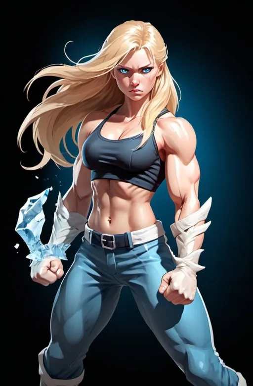 Prompt: Female figure. Greater bicep definition. Sharper, clearer blue eyes. Nosebleed. Long Blonde hair flapping. Frostier, glacier effects. Fierce combat stance. Raging Fists. Icy Knuckles.