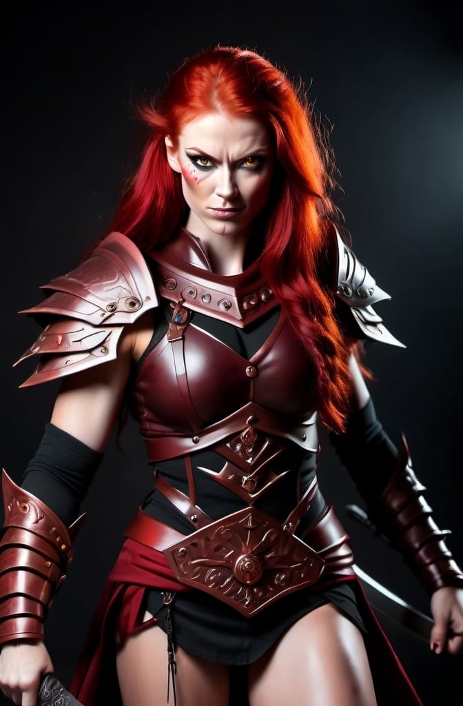 Prompt: Evil red-haired warrior woman with a mischievous grin. Carmine, red eyes. Fierce combat stance.