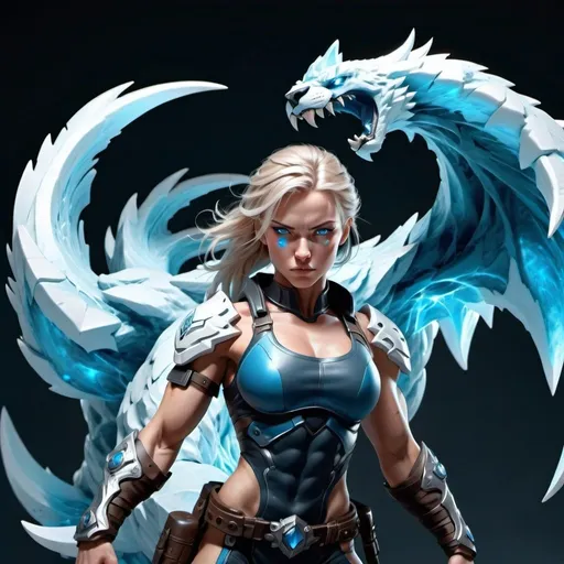 Prompt: Female figure. Greater bicep definition. Sharper, clearer blue eyes.  Frostier, glacier effects. Fierce combat stance. 