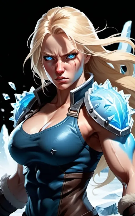 Prompt: Female figure. Greater bicep definition. Sharper, clearer blue eyes. Bleeding. Long Blonde hair flapping. Frostier, glacier effects. Fierce combat stance. Raging Fists. Icy Knuckles.