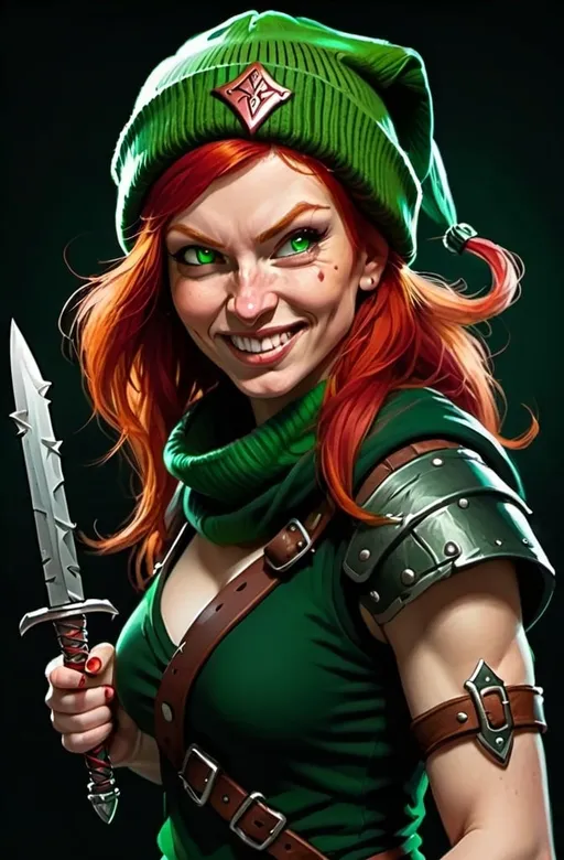 Prompt: Evil red-haired warrior woman, wearing a green beanie and a mischievous smirk. Carries daggers. 