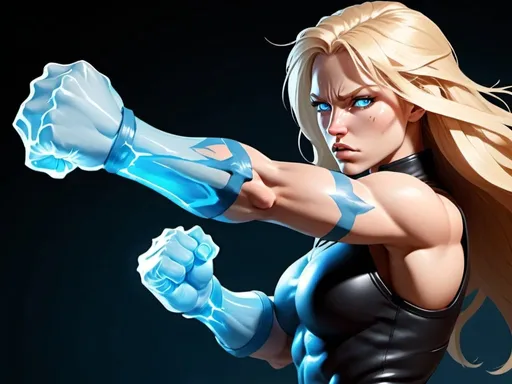 Prompt: Female figure. Greater bicep definition. Sharper, clearer blue eyes. Nosebleed. Long Blonde hair flapping. Frostier, glacier effects. Fierce combat stance. Raging Fists. Icy Knuckles. 